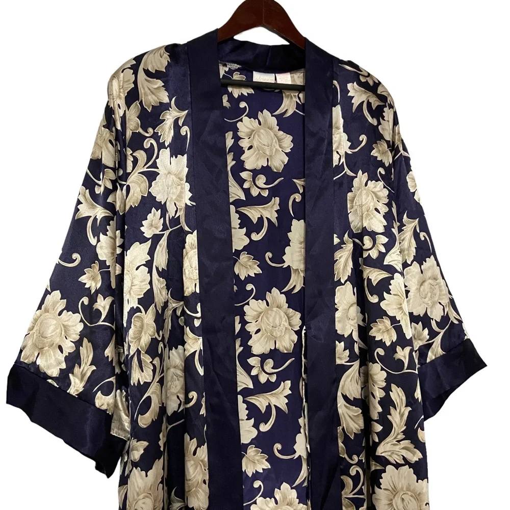 80’s VTG Adonna Kimono Satin Women’s Medium Floral Print Robe Navy Blue Romantic